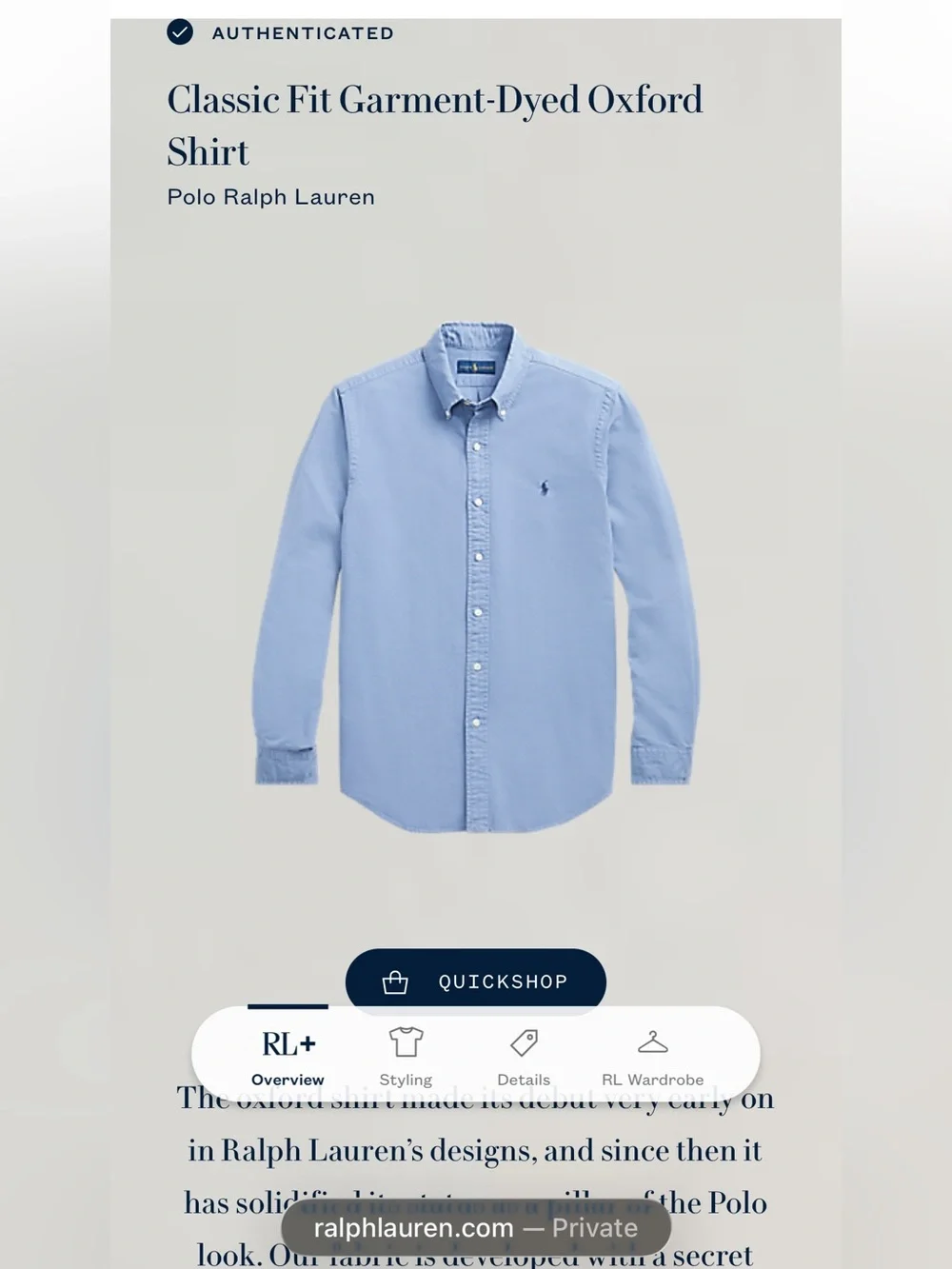 Polo Ralph Lauren Men’s Oxford Shirt Classic Fit Garment Dyed Blue Medium Cotton